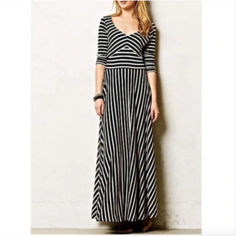 Anthropologie Puella‎ Demarcation Black & Beige Stripe Maxi Dress S
